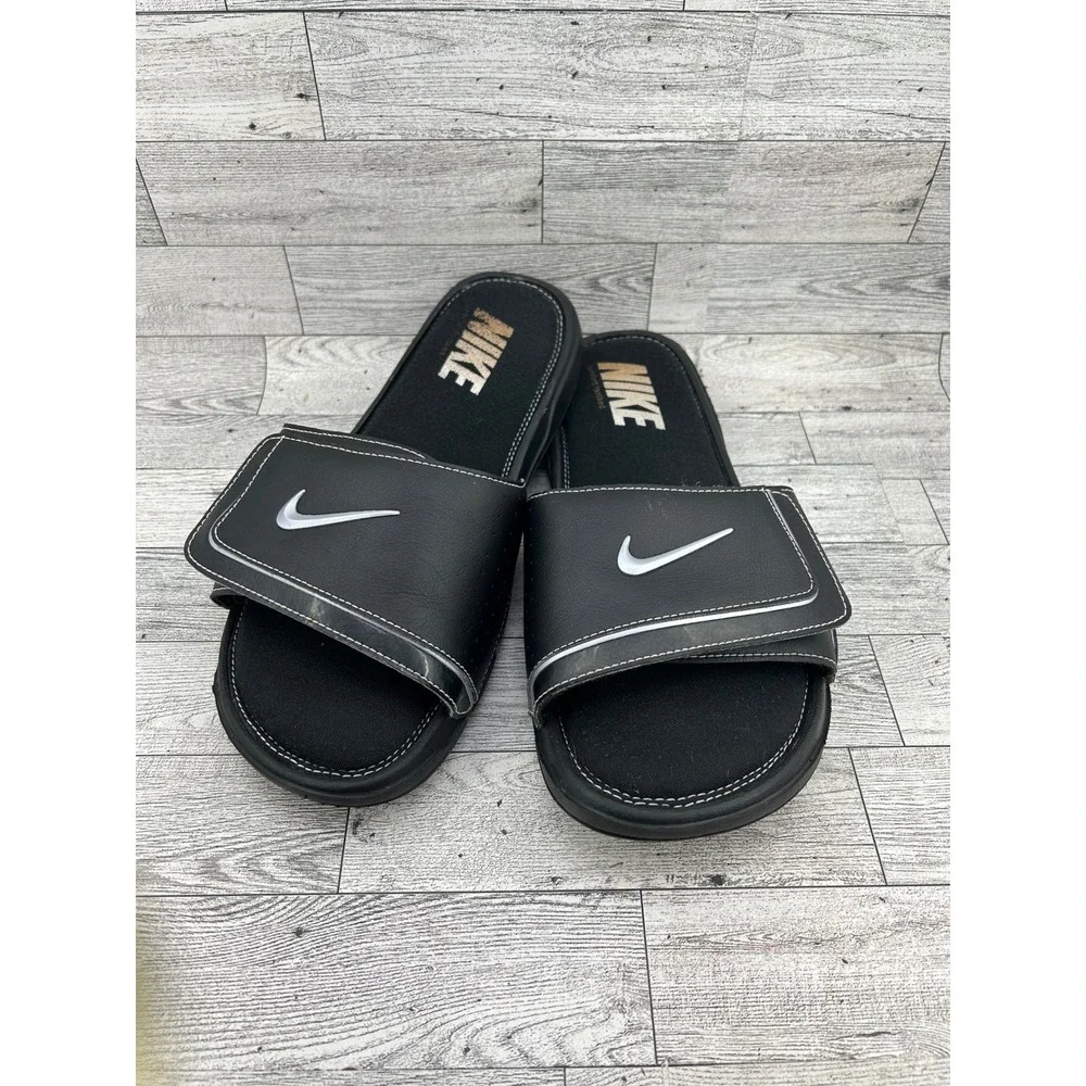 Nike Comfort Footbed Slides Black Silver Swoosh 415205-002 Men Sz 11 Adjustable